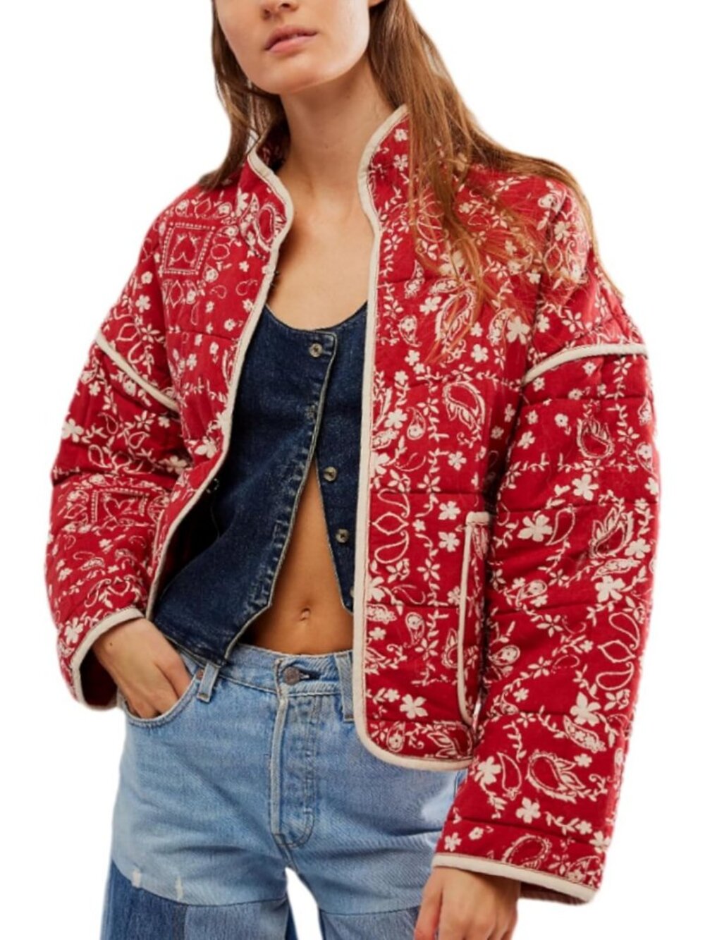 Vintage Loose Striped Cropped Puffer Jacket with Stand Collar & Contrast Trim